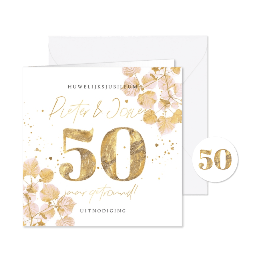Liedevolle uitnodiging jubileum 50 jaar botanisch goud - Kaartimpressie