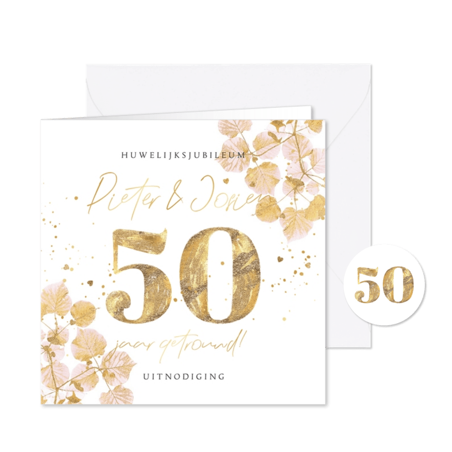 Liedevolle uitnodiging jubileum 50 jaar botanisch goud - Kaartimpressie