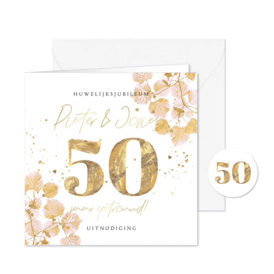 Liedevolle uitnodiging jubileum 50 jaar botanisch goud - Kaartimpressie
