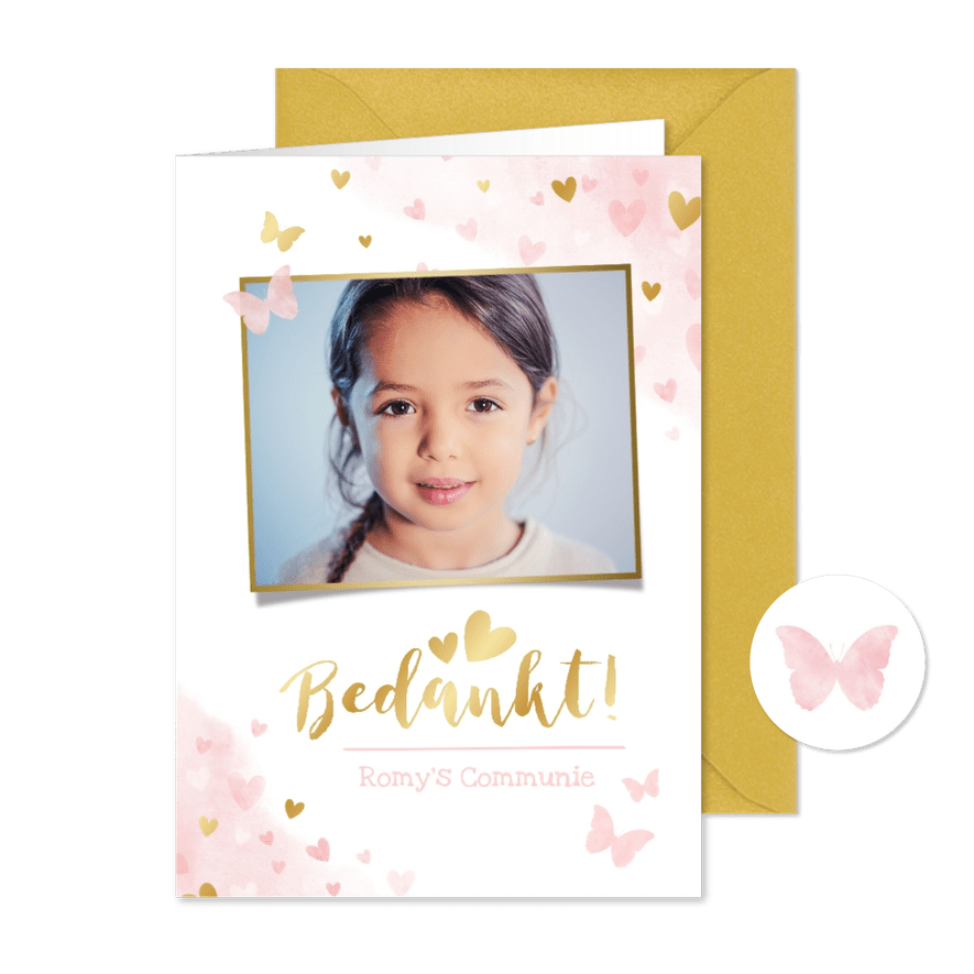 Lief bedankkaartje voor een meisjes communie vlinders hartje - Kaartimpressie