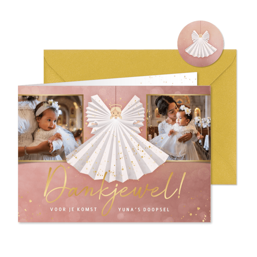 Lief bedankt kaartje doop meisje - met papieren engeltje - Kaartimpressie