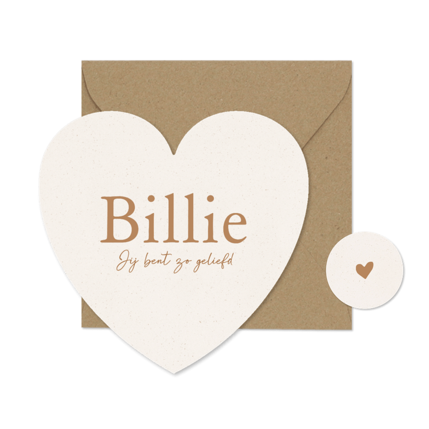 Lief beige geboortekaartje in hart vorm met papier textuur - Kaartimpressie