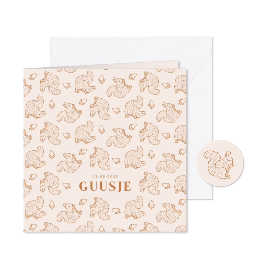 Lief beige geboortekaartje met eekhoorn patroon - Kaartimpressie