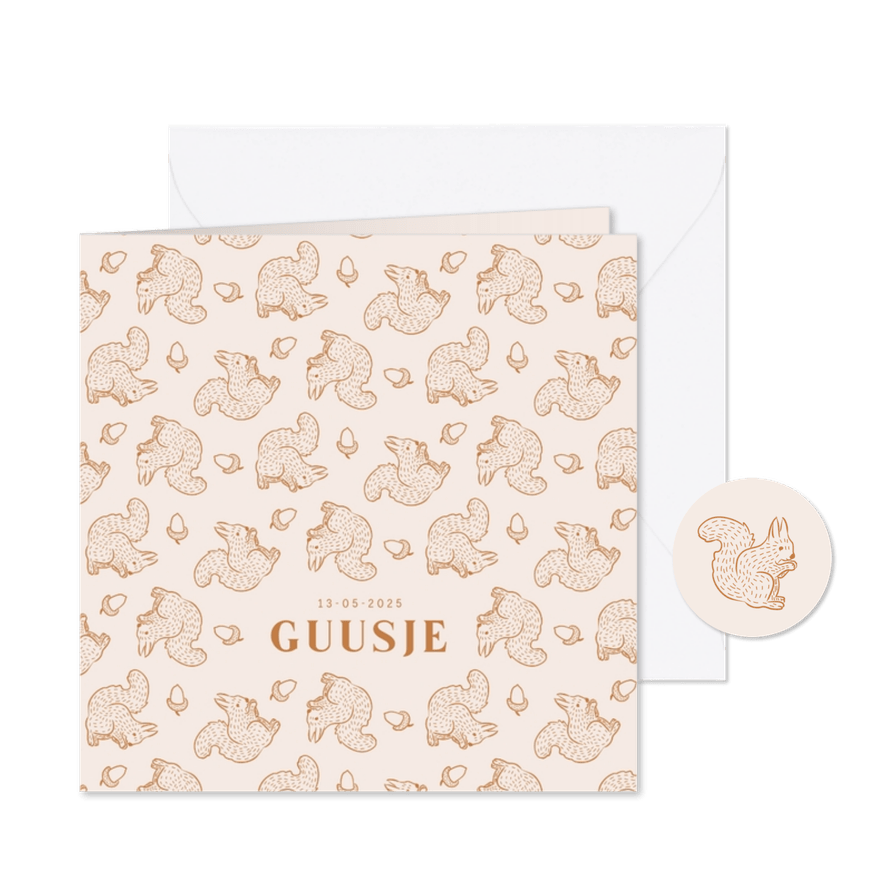 Lief beige geboortekaartje met eekhoorn patroon - Kaartimpressie