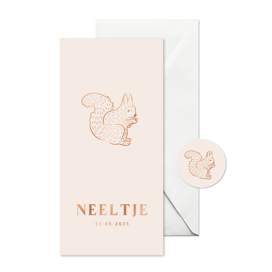 Lief beige geboortekaartje met eekhoorntje - Kaartimpressie