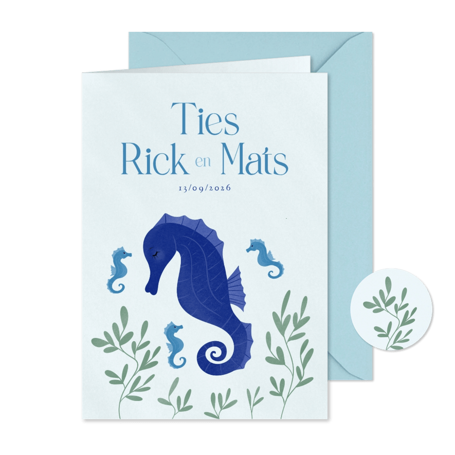 Lief blauw geboortekaartje meerling met zeepaardjes - Kaartimpressie