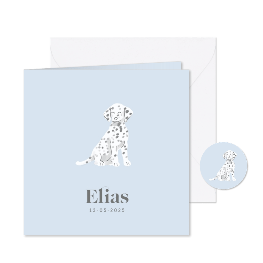 Lief blauw geboortekaartje met dalmatiër puppy - Kaartimpressie