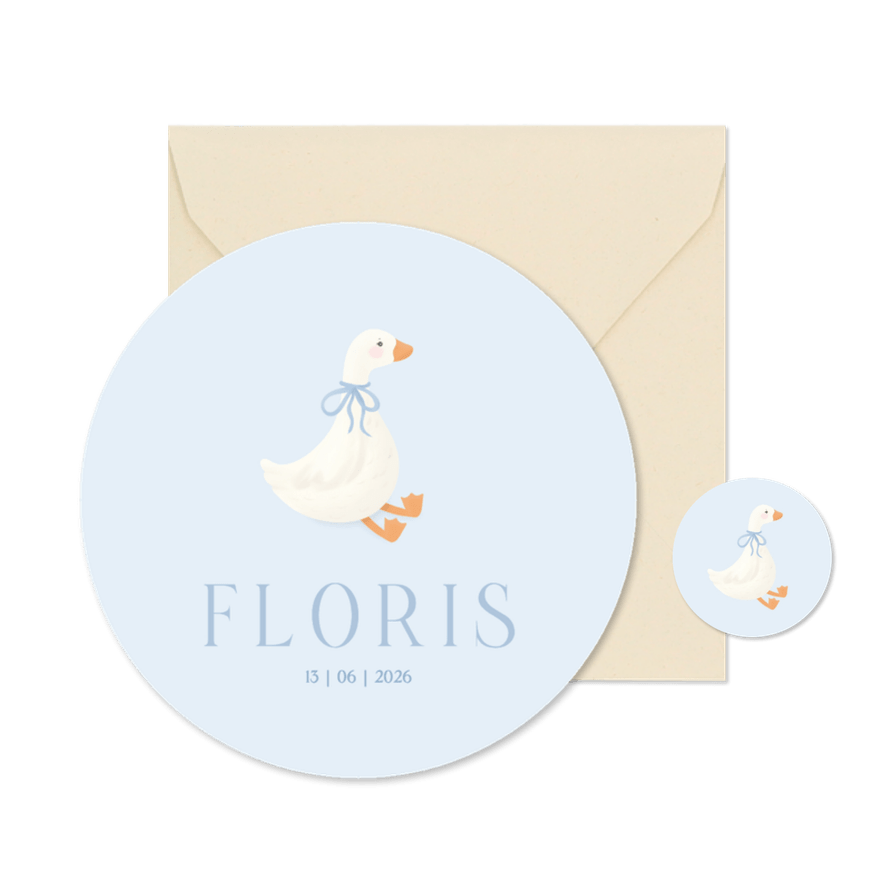 Lief blauw geboortekaartje rond met klein gansje - Kaartimpressie