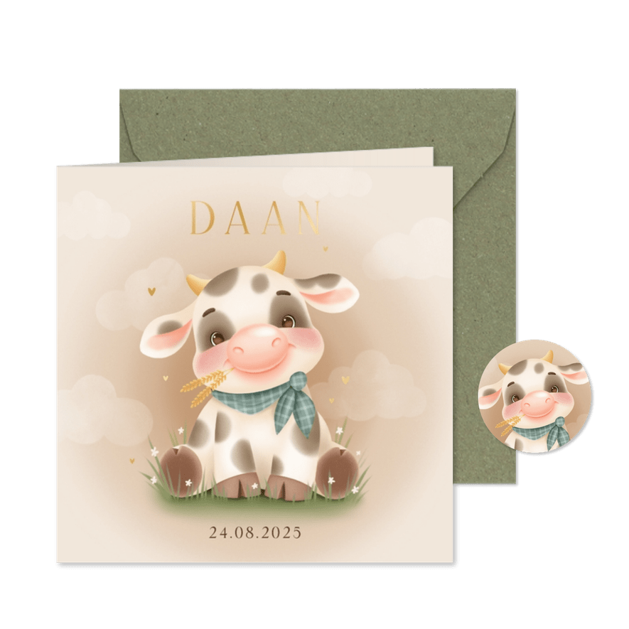Lief boerderij geboortekaartje met koe wolkjes in gras - Kaartimpressie