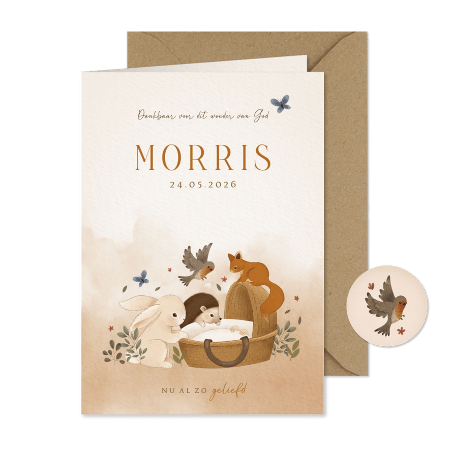Lief bos geboortekaartje konijn egel eekhoorn vogel wiegje - Kaartimpressie