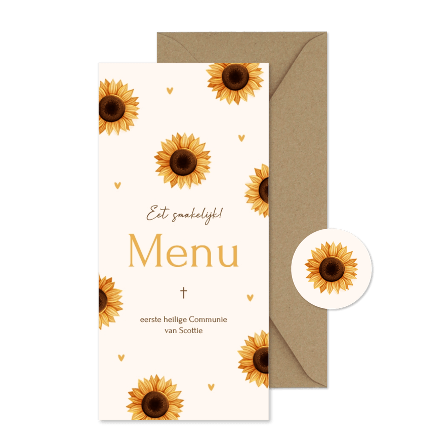 Lief communie menukaartje met zonnebloemen en hartjes - Kaartimpressie