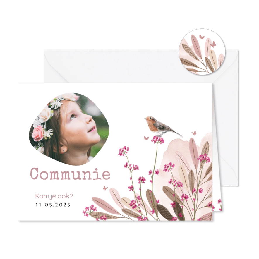 Lief communiekaartje met veldbloemen waterverf vogeltje - Kaartimpressie