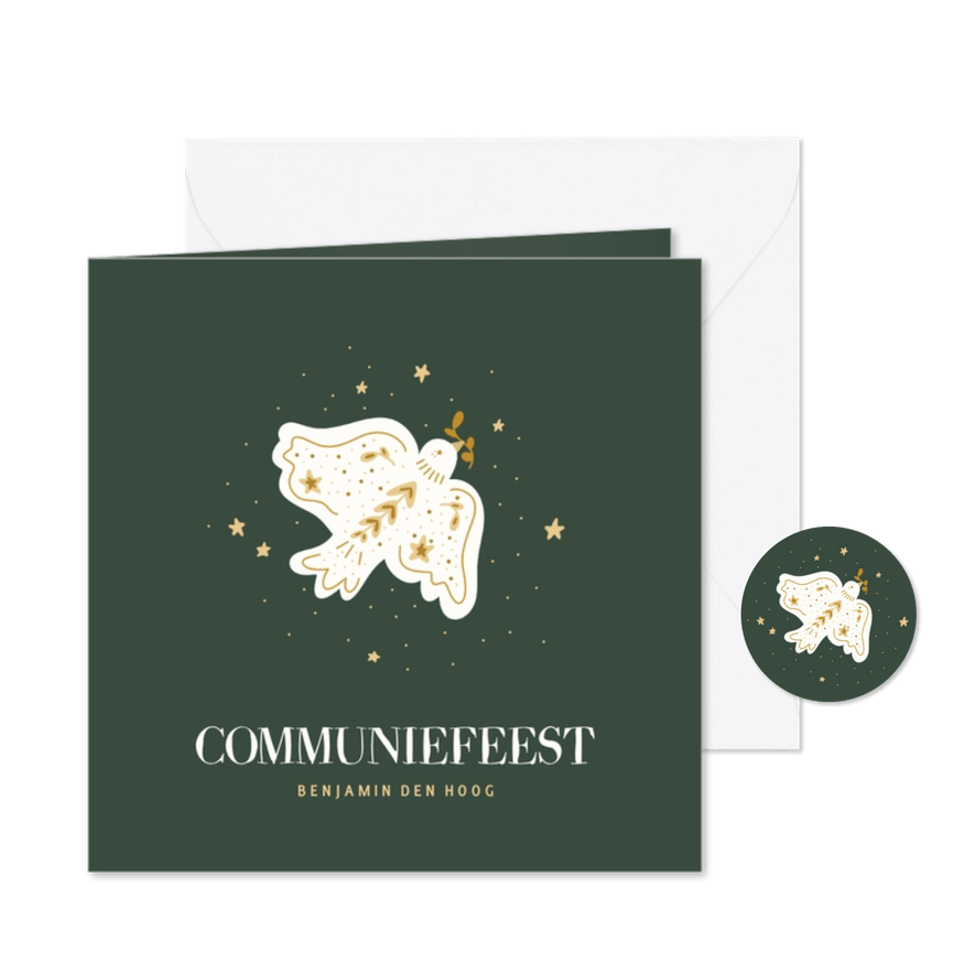 Lief communiekaartje met vredesduifje en sterretjes groen - Kaartimpressie