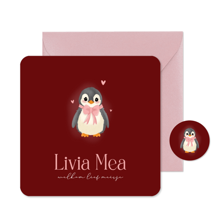 Lief donker rood geboortekaartje met baby pinguin - Kaartimpressie
