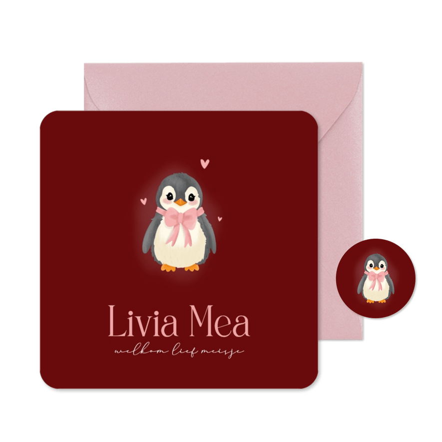 Lief donker rood geboortekaartje met baby pinguin - Kaartimpressie
