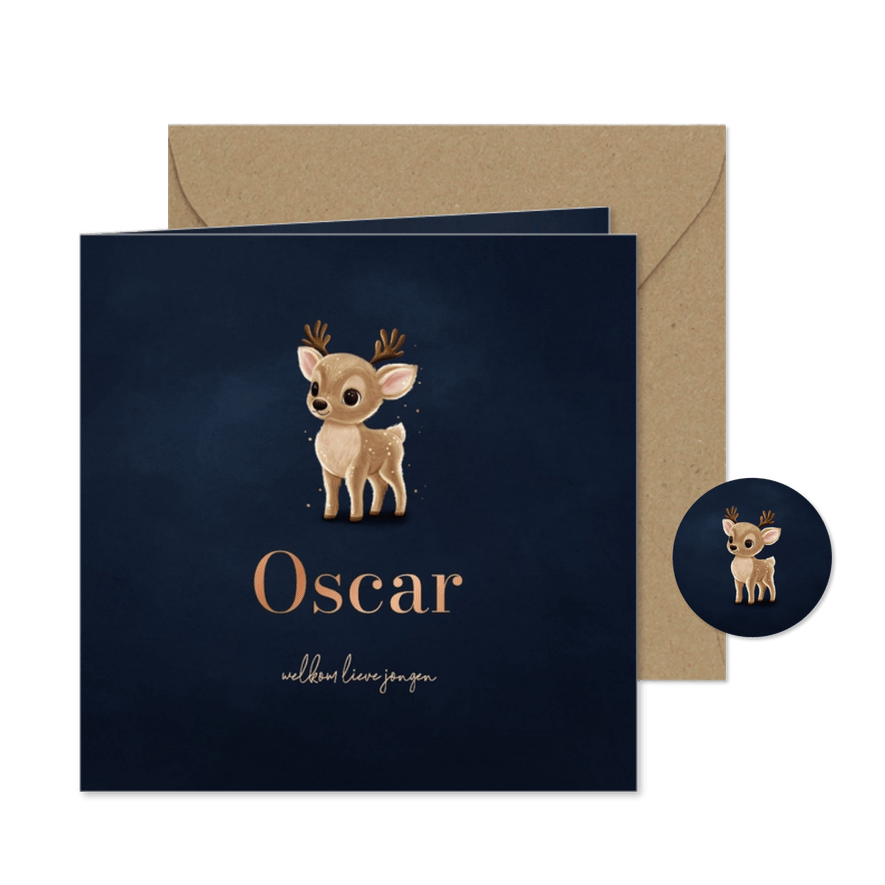  Lief donkerblauw winters geboortekaartje met hertje - Kaartimpressie