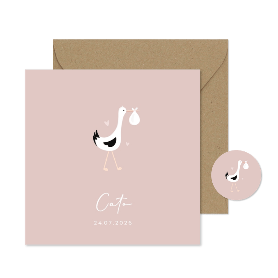 Lief en hip geboortekaartje met illustratie van een ooievaar - Kaartimpressie