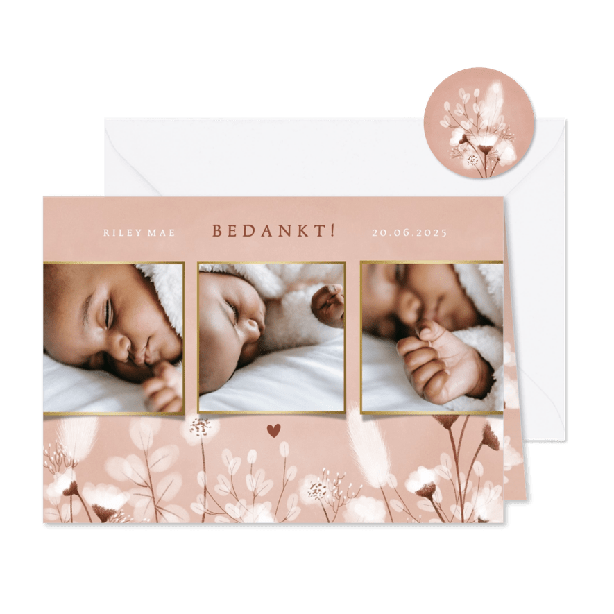 Lief geboorte bedankkaartje droogbloemen en foto's - Kaartimpressie