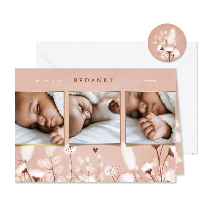 Lief geboorte bedankkaartje droogbloemen en foto's - Kaartimpressie