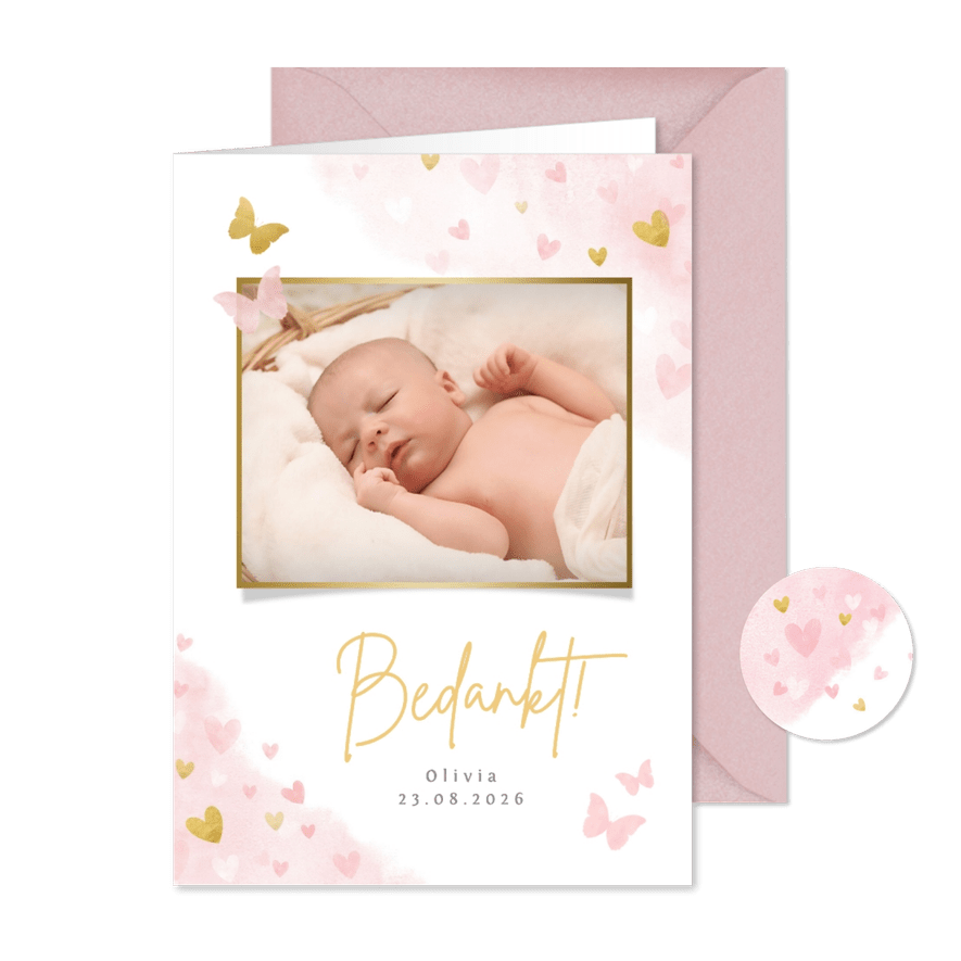 Lief geboorte bedankkaartje met foto voor een meisje - Kaartimpressie