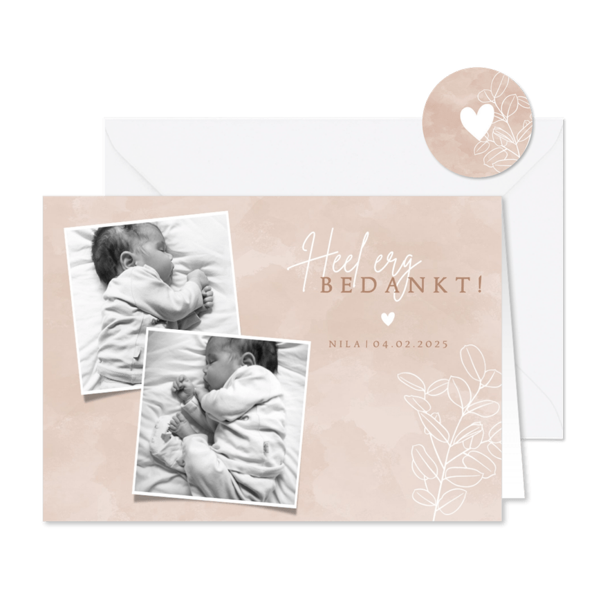 Lief geboorte bedankkaartje met foto's en eucalyptus - Kaartimpressie