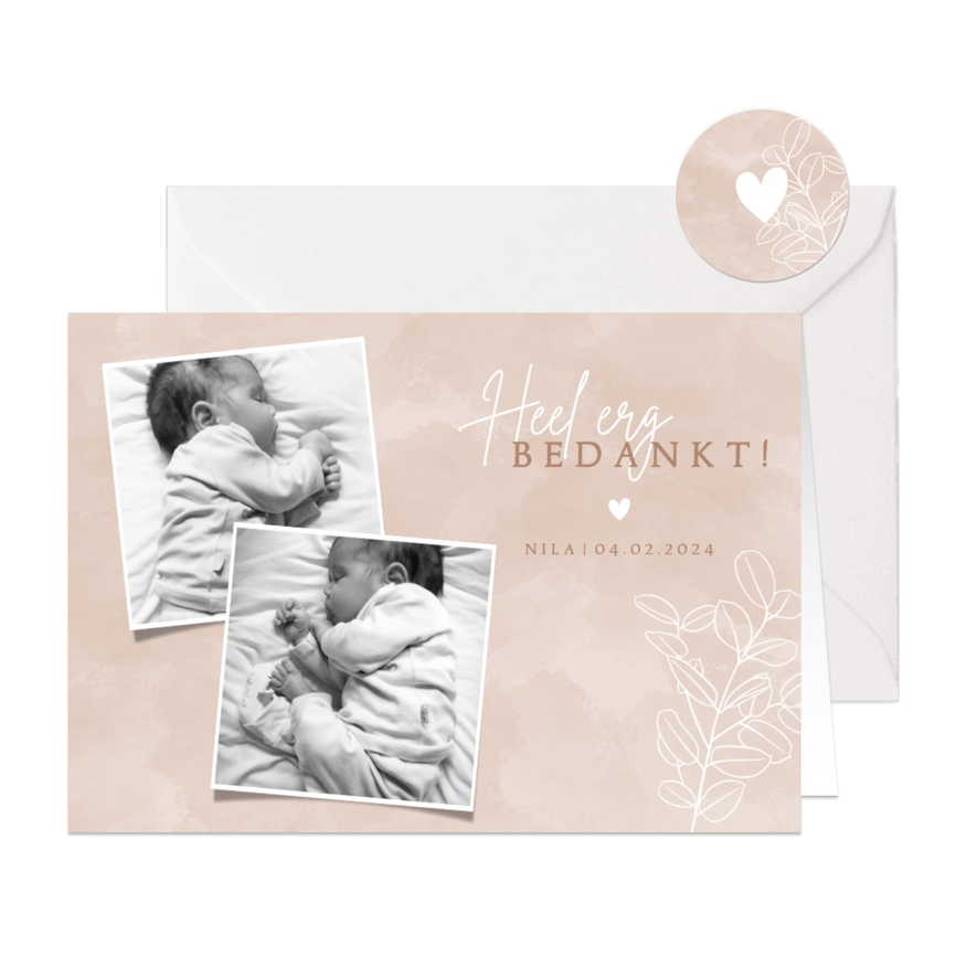 Lief geboorte bedankkaartje met foto's en eucalyptus - Kaartimpressie