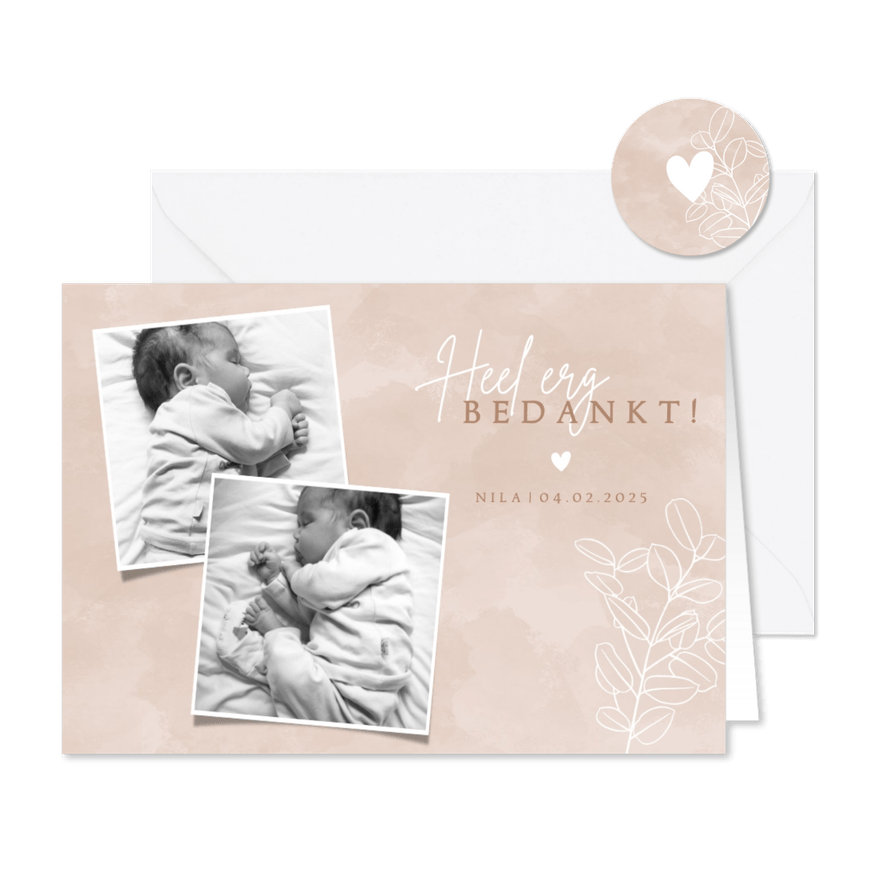 Lief geboorte bedankkaartje met foto's en eucalyptus - Kaartimpressie