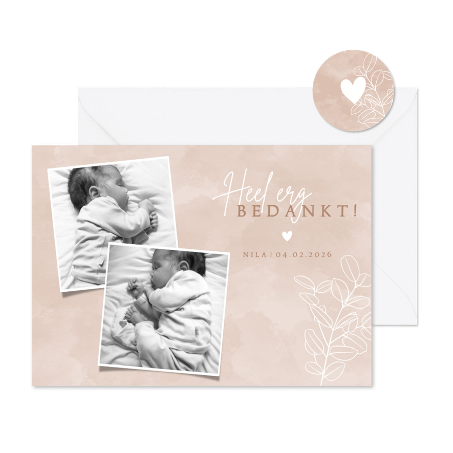 Lief geboorte bedankkaartje met foto's en eucalyptus - Kaartimpressie