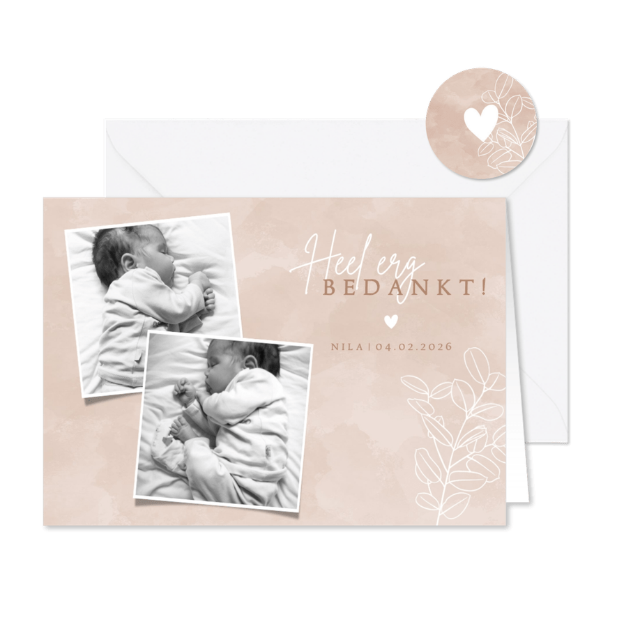 Lief geboorte bedankkaartje met foto's en eucalyptus - Kaartimpressie