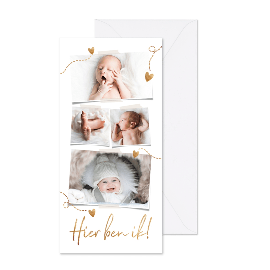 Lief geboortekaartje 4 foto's hartjes en goud koperlook - Kaartimpressie