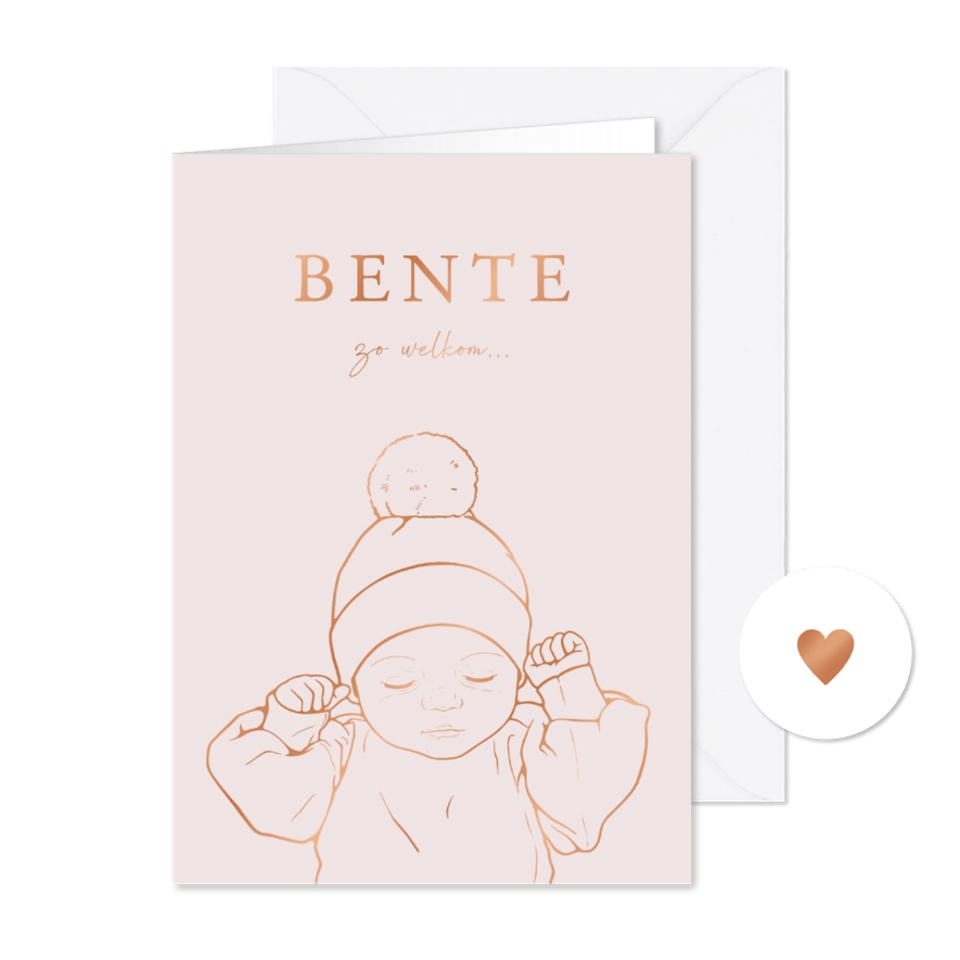 Lief geboortekaartje baby met mutsje – koperfolie - Kaartimpressie