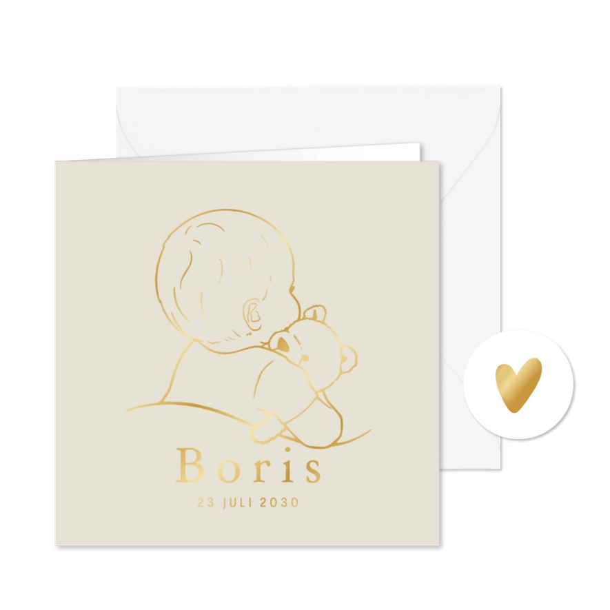 Lief geboortekaartje baby met teddybeer – goudfolie - Kaartimpressie