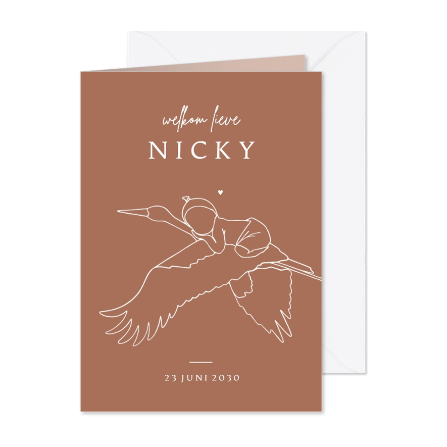 Lief geboortekaartje baby op de rug van ooievaar - Kaartimpressie