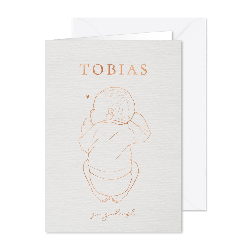 Lief geboortekaartje baby slapend op de buik - koperfolie - Kaartimpressie