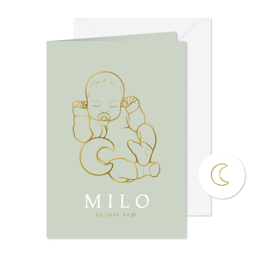 Lief geboortekaartje baby speendoekje met maan – goudfolie - Kaartimpressie