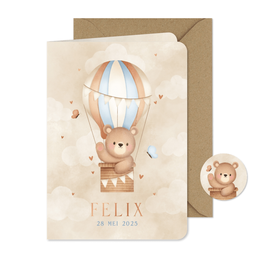 Lief geboortekaartje beertje in luchtballon vlinders en wolk - Kaartimpressie