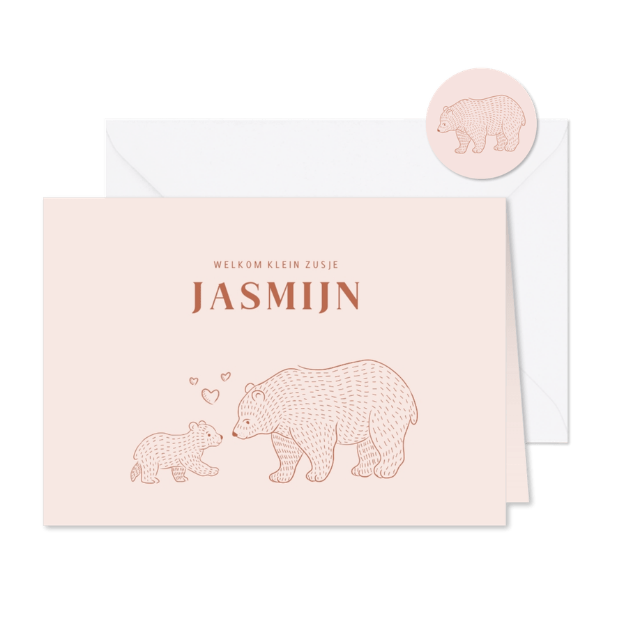 Lief geboortekaartje beertjes voor een zusje - Kaartimpressie