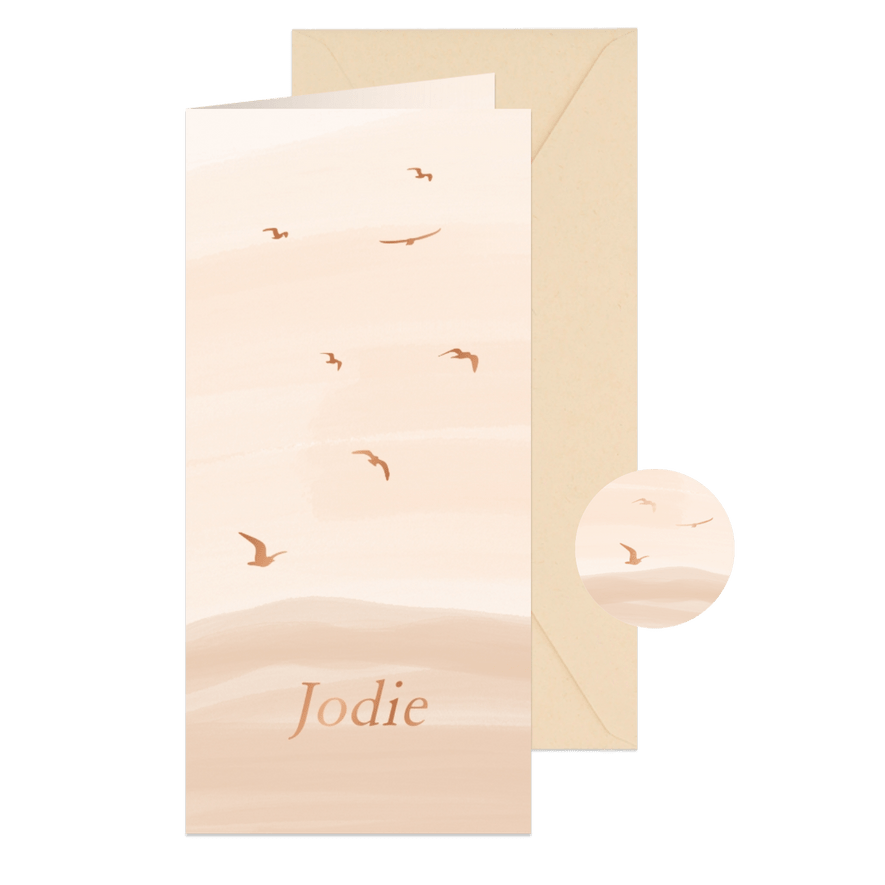 Lief geboortekaartje beige waterverf met vogels foliedruk - Kaartimpressie