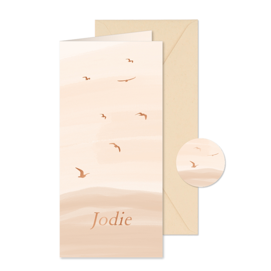 Lief geboortekaartje beige waterverf met vogels foliedruk - Kaartimpressie