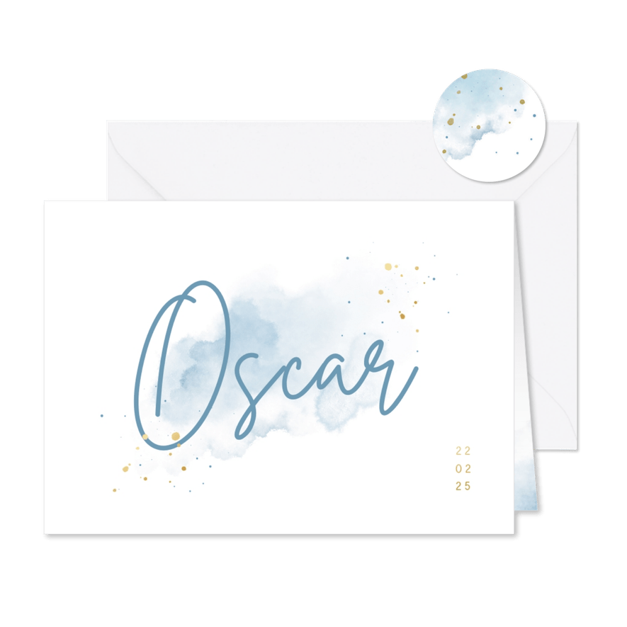 Lief geboortekaartje blauwe aquarel met grote naam - Kaartimpressie