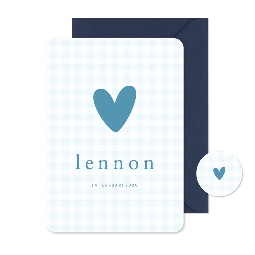Lief geboortekaartje blauwe ruitjes en blauw hartje - Kaartimpressie