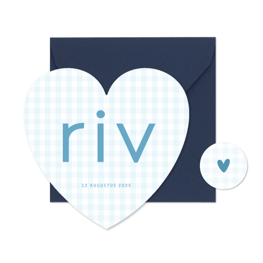 Lief geboortekaartje blauwe ruitjes in hartvorm - Kaartimpressie