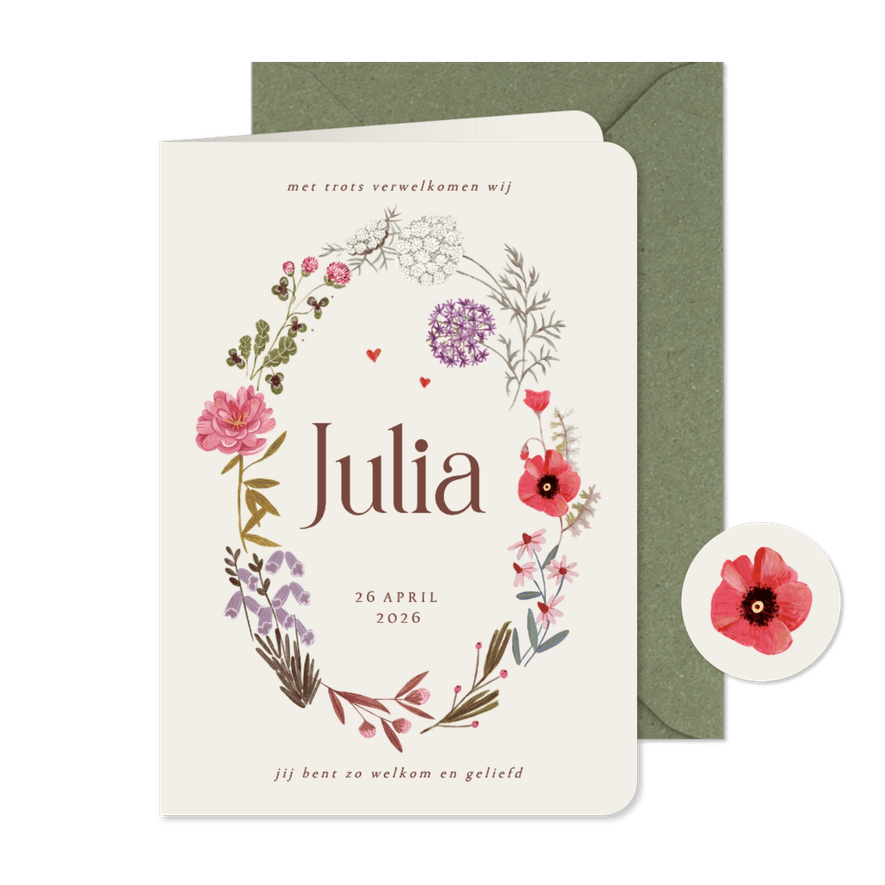  Lief geboortekaartje bloemen krans ovaal - Kaartimpressie