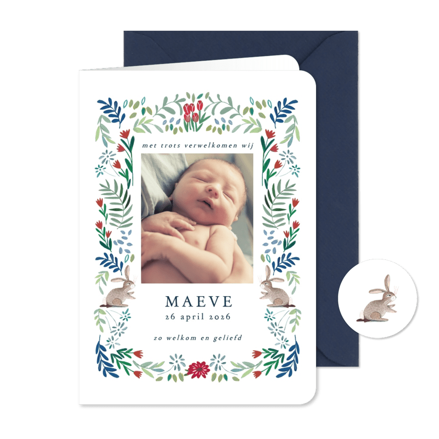 Lief geboortekaartje bloemen rand en konijn - Kaartimpressie