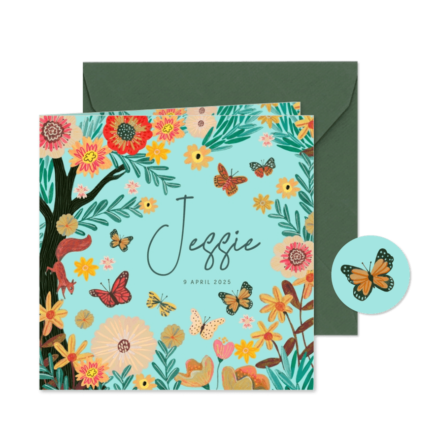 Lief geboortekaartje boom met vlinders en bloemen - Kaartimpressie