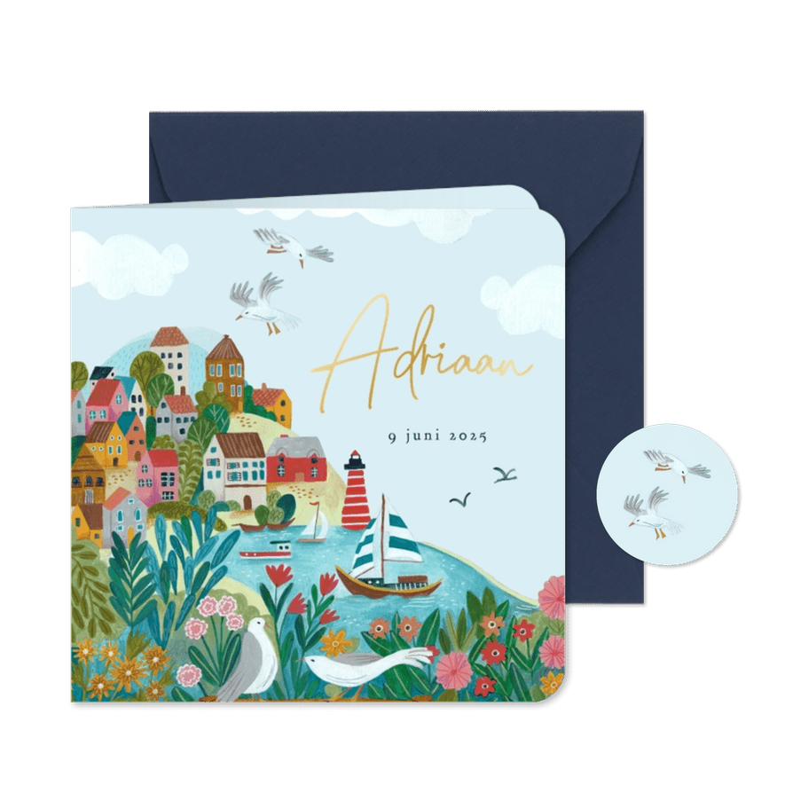 Lief geboortekaartje bootje op zee met een lucht met wolkjes - Kaartimpressie