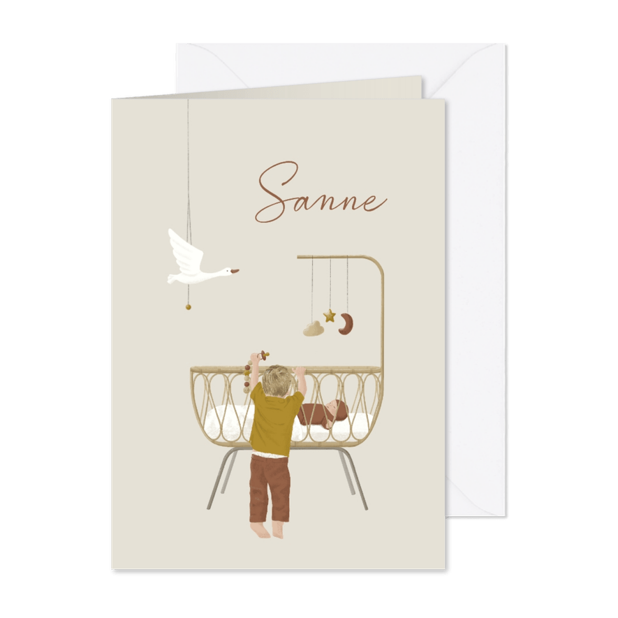 Lief geboortekaartje broer bij wiegje met baby - Kaartimpressie
