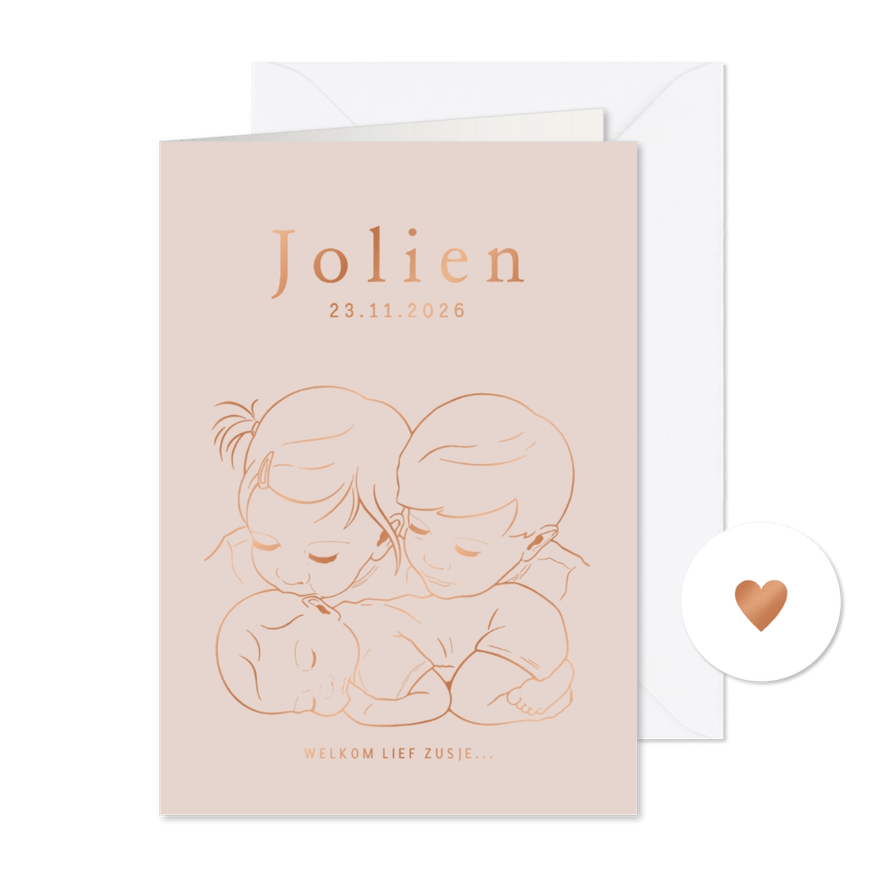 Lief geboortekaartje broer en zus met baby – koperfolie - Kaartimpressie