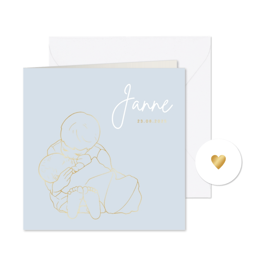 Lief geboortekaartje broer kust broertje –goudfolie - Kaartimpressie