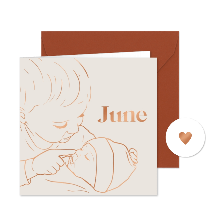 Lief geboortekaartje broer wijst neusje aan - koperfolie - Kaartimpressie